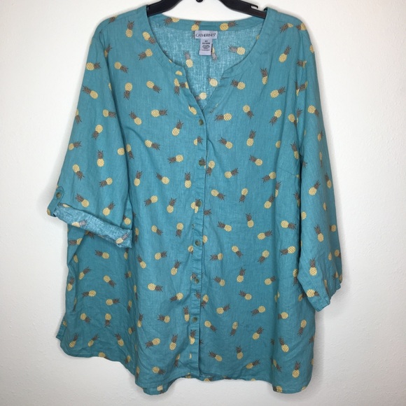 Catherines Tops - Catherine's 2X 22W/24W Green Linen Pineapple Shirt